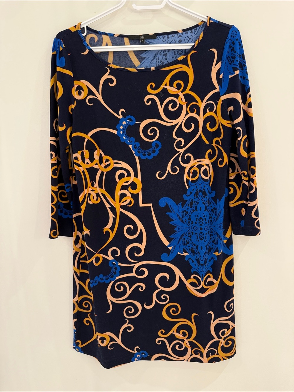 Tibi Navy, Gold & Cobalt Blue Printed Long-Sleeve Shift Dress